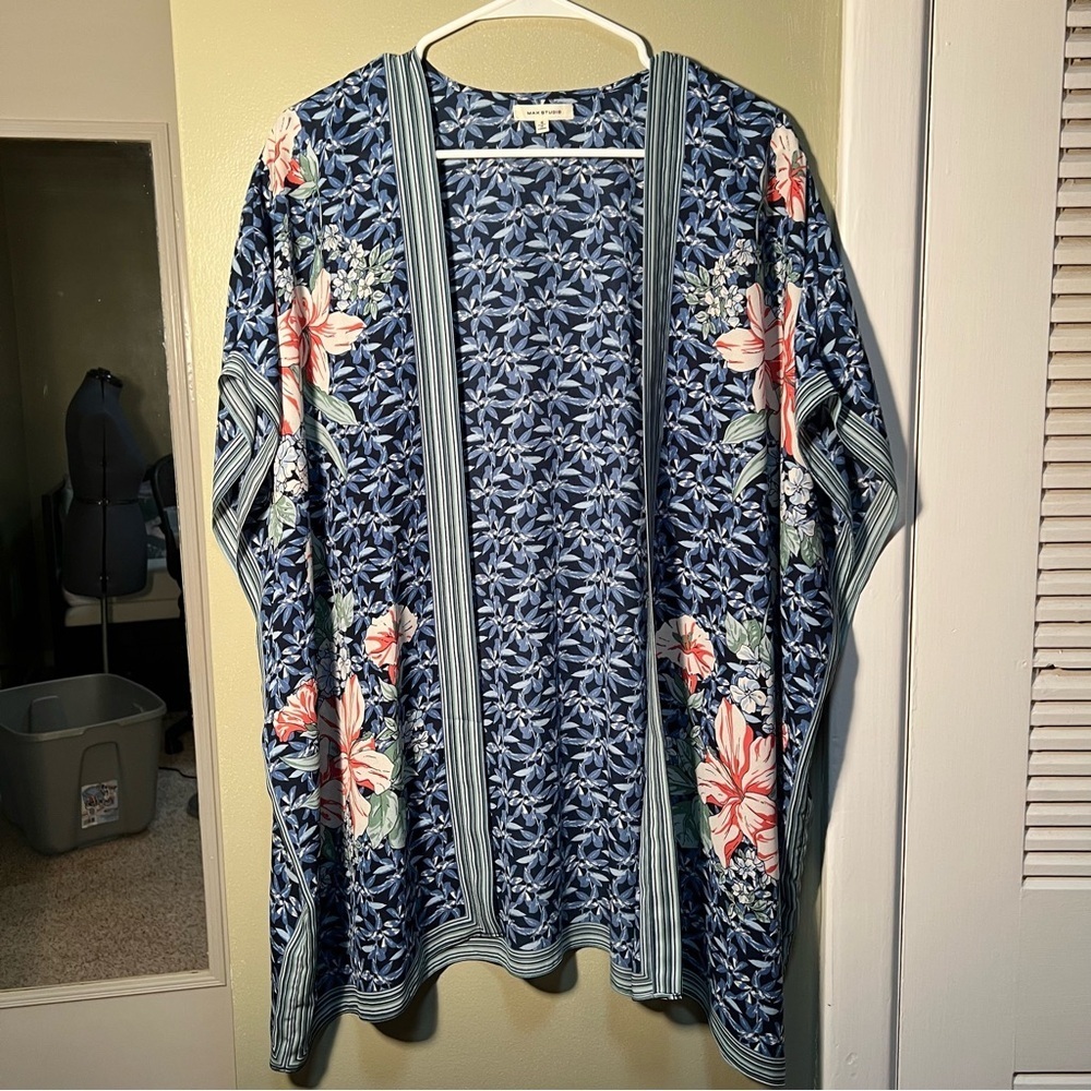 Max Studio Women's Size Small Kimono Caftan Blue Pink Floral Striped Open Front - Picture 2 of 10